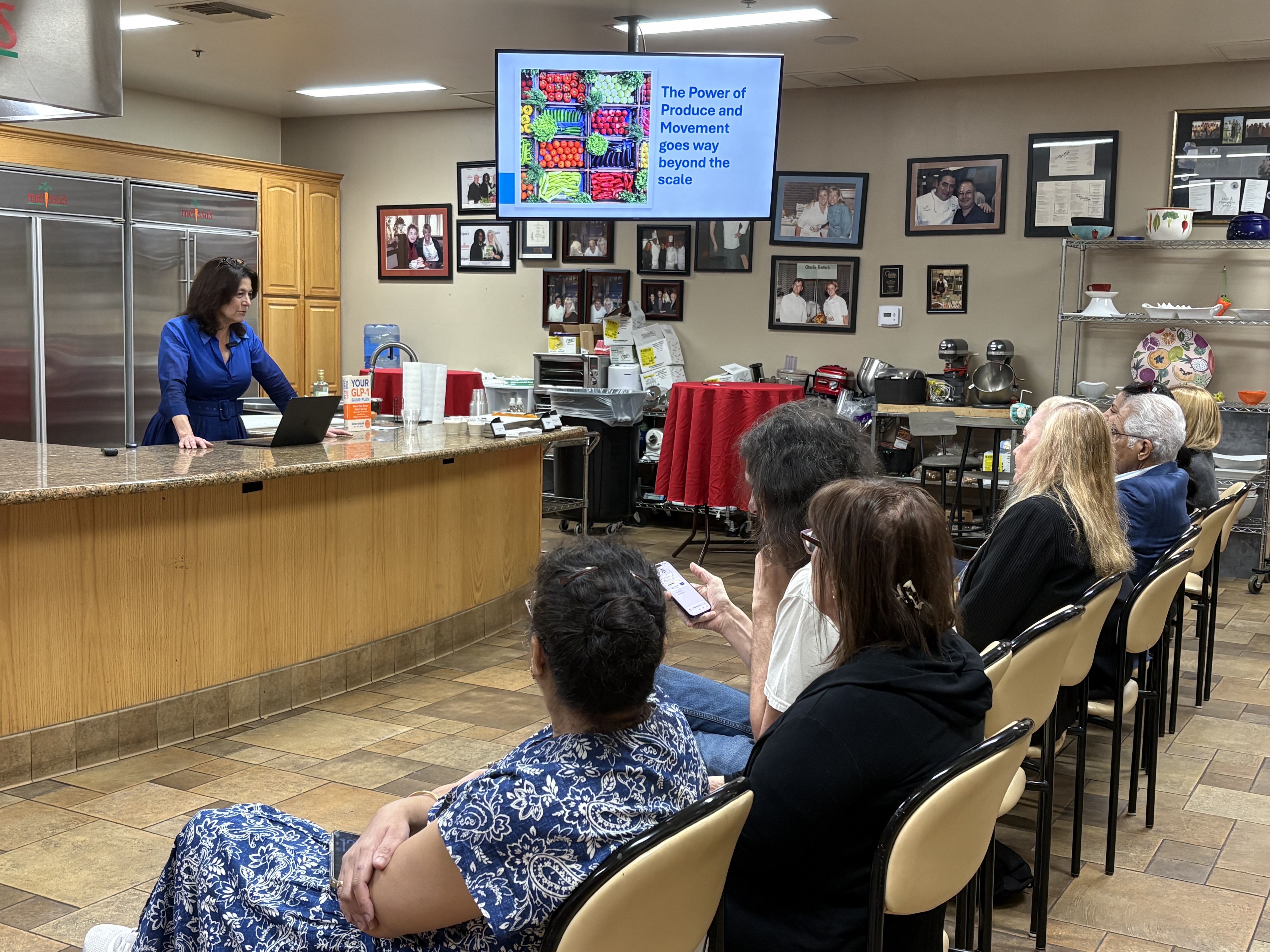 Sports nutritionist Heidi Skolnik talks to local journalists during a media event at the Melissa's Produce test kitchen in Los Angeles.